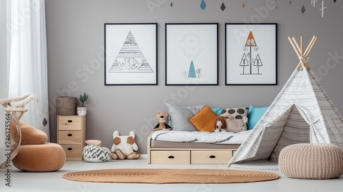 Jasny przytulny pokój dziecka w stylu boho - obrazy na ścianie. Szare kolory wnętrza. Render 3d. Wizualizacja mockup © yeseyes9