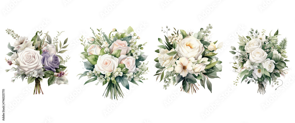 Naklejka premium Beautiful bouquet of isolated flowers, including roses, in pink and green hues, perfect for weddings or as a lovely gift