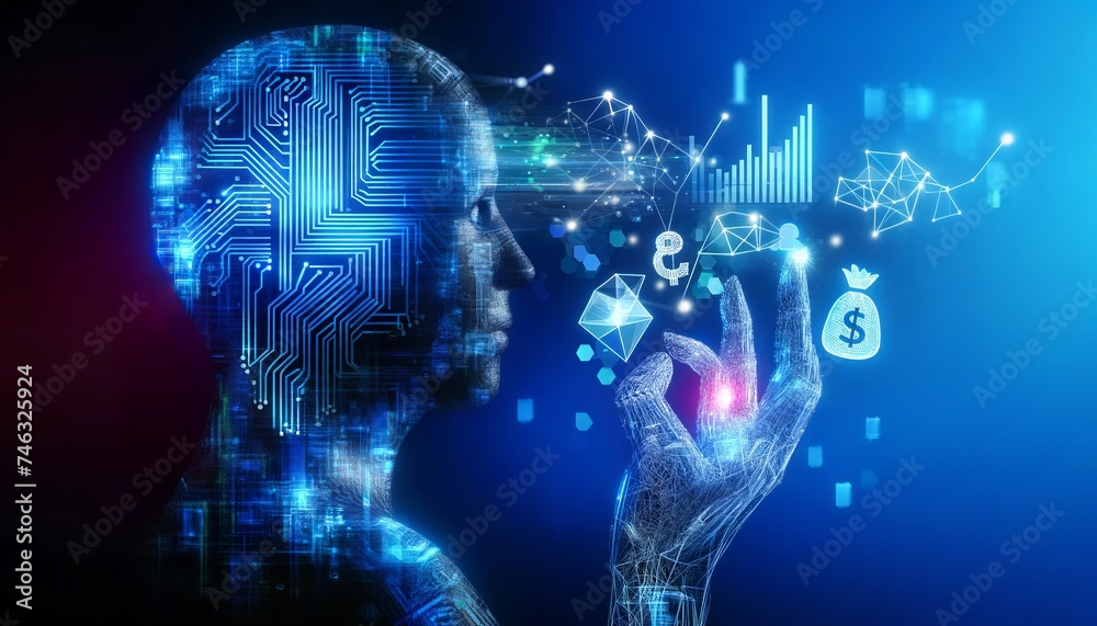 Naklejka premium Futuristic visualization of finance and technology with a holographic human head and hand interacting with digital currency and data symbols.AI generated.