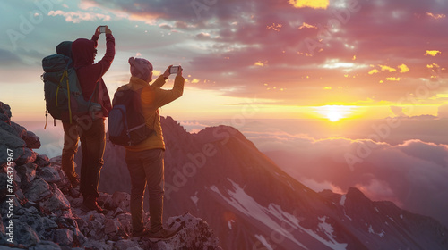 Group of tourists taking pictures of the landscape while hiking high in the mountains.. Ai generate.