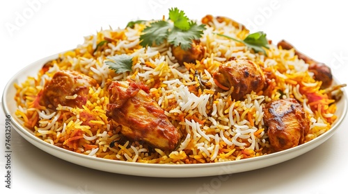  Delicious Chicken Biryani on Plate, Isolated on White Background