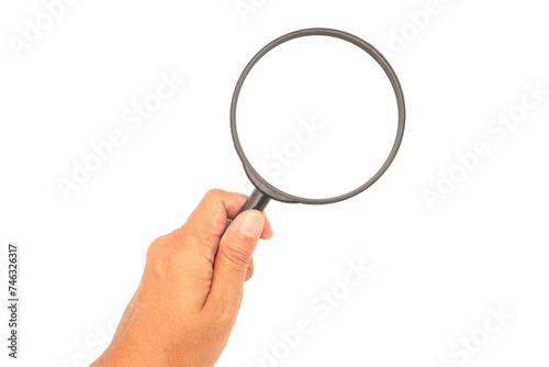 Close-up hand holding of a magnifier on a transparent background.