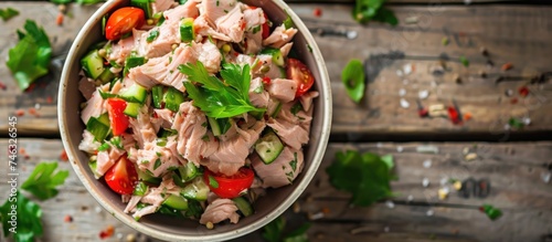 A close-up view of a bowl filled with tuna salad resting on a wooden table. The salad is mixed with mayonnaise, diced celery, and seasonings, creating a delicious and refreshing meal option. The photo