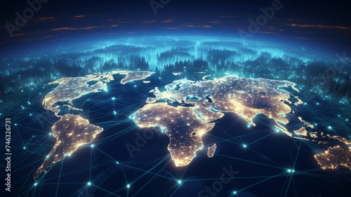 internet world in background stock imagery, in the style of dynamic energy flow, layered mesh, dark sky-blue, shaped canvas, focus on joints/connections, luminous color palette, global illumination