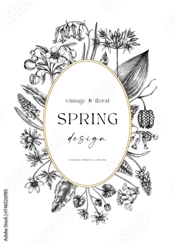 Delicate spring wreath. Wildflower sketches. Floral background. Elegant greeting card, wedding invitation design template. Hand drawn vector illustration, NOT AI