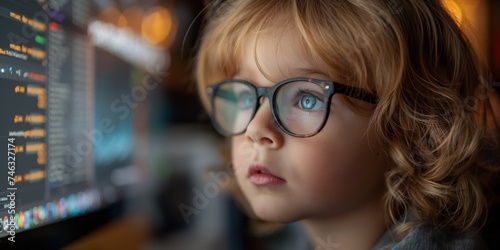 Young boy coding intently on a computer in the room at home