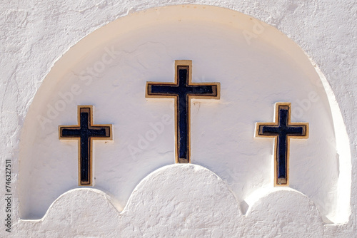 three crosses on the facade, Mare de Déu del Pilar Church, La Mola, Formentera, Pitiusas Islands, Balearic Community, Spain photo