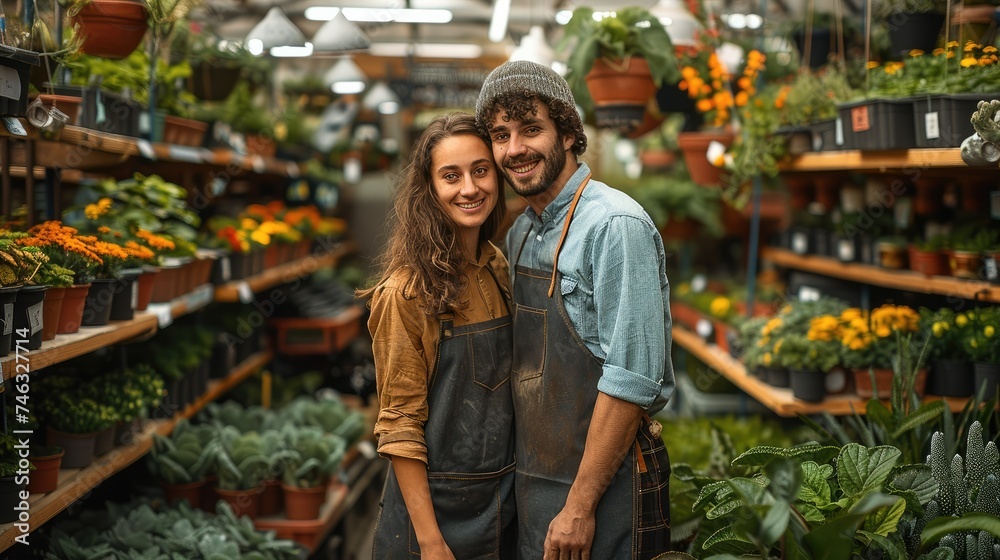 Two gardener with apron in a garden center aisle. Generative AI.