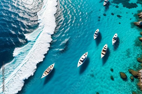 Aerial view of boats on crystal clear waves, top view of blue ocean with ships, sunshine. Summertime seascape, azure water in sunny day. Travel illustration concept. Copy ad text space. Generated Ai