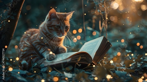 A Tabby Cat Reading a Book in the Forest