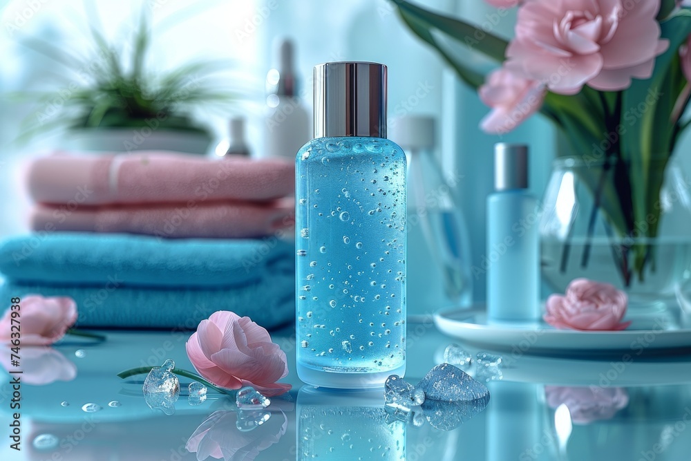 Facial skin measure skin care cream. Skincare treatment products: spa lotion, skincare make up gel, oil, pipette with essential serum and led light therapy jar pot