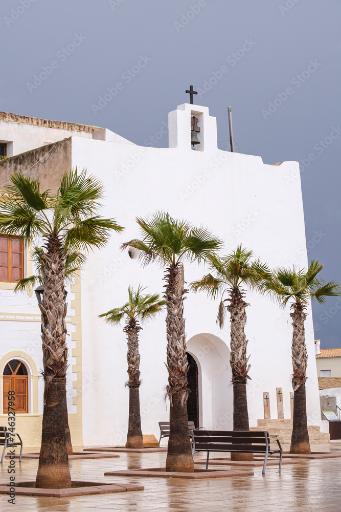 parish church of Sant Francesc in the rain, Formentera, Pitiusas Islands, Balearic Community, Spain