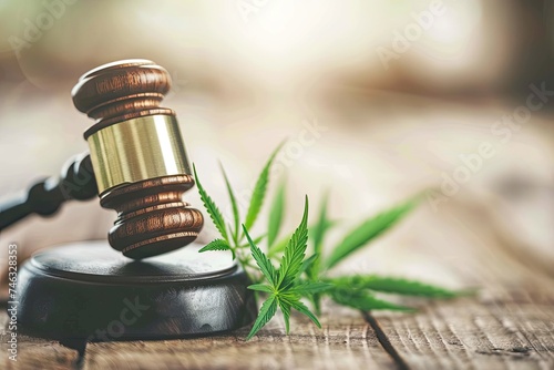 The judge's hammer on the background of green cannabis leaves. Close-up.