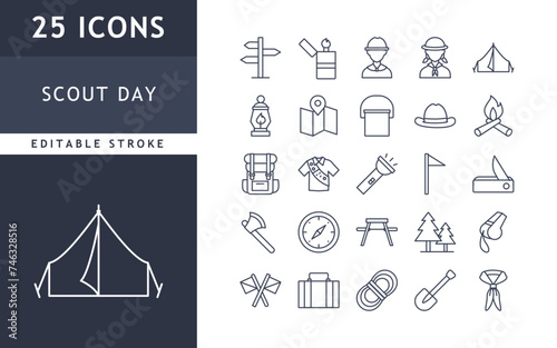 Scout day icons collection. camp day, outdoors, adventure, holiday icons set. vector illustration. editable stroke