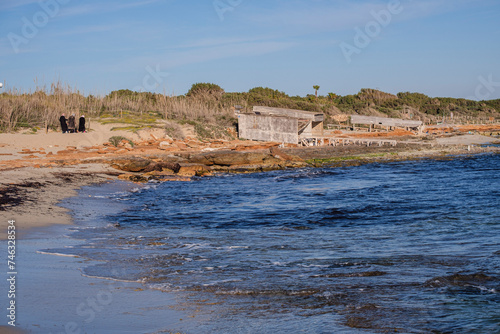 Migjorn beach, Racó Fondo boathouse huts , Formentera, Pitiusas Islands, Balearic Community, Spain