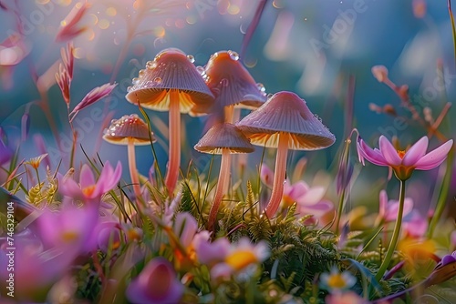 Close-up of mushrooms among flowers.