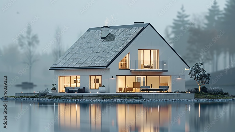 Modern small family house in cross-section with solar panels. Generative AI. Modern small family house in cross-section with solar panels. Generative AI.