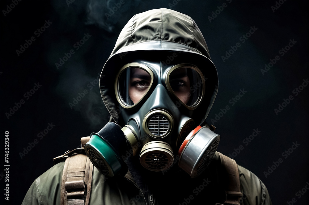 Mysterious person in gas mask against dark background. Illustration of stalker portrait in soviet old gas mask with filter red highlights dissolving. Radiation concept. Copy ad text space. Generate Ai