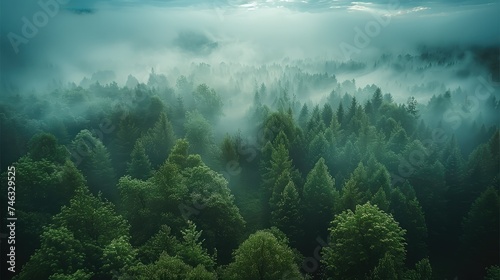 Mystical forest, panorama, distant horizon, Aerial high view. Generative AI.