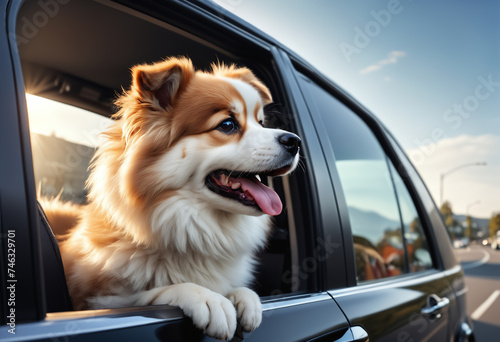 Fluffy dog looking out of car window. Generative AI © Sergey Ilin