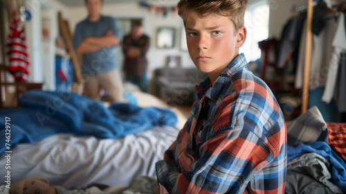 Upset boy in plaid, glaring over shoulder with disapproving parent standing in the back with arms crossed photo