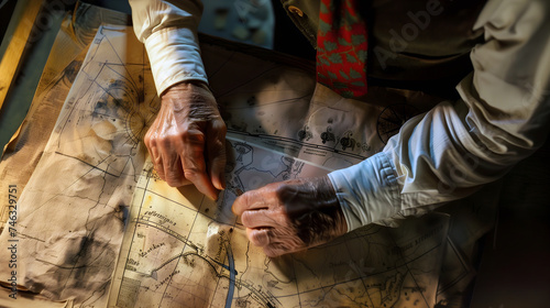 Aged hands tracing routes on a vintage map, illuminated by warm sunlight photo