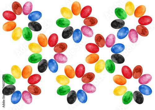 Fototapeta Naklejka Na Ścianę i Meble -  Pattern of multi colored ellipses on white background. Ellipses form circles. They resemble shape of flowers. In circle, all ovals have different color. Watercolor. Rainbow colors and black, brown.