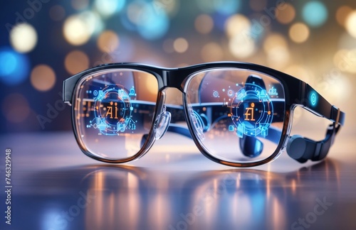 Artificial intelligence on pair of digital eyeglasses overlaid with AI symbols © WrongWay
