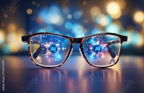 Artificial intelligence on pair of digital eyeglasses overlaid with AI symbols