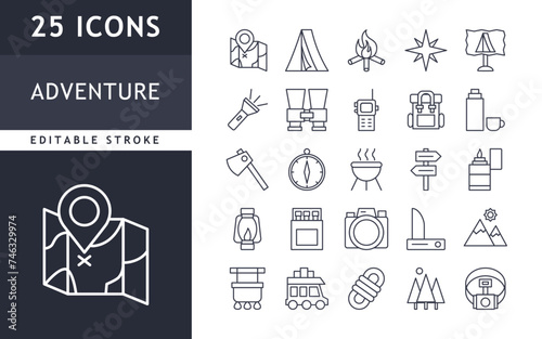 set of icons adventure. Travel, tourism, holiday, journey, recreation. vector illustration. editbale stroke