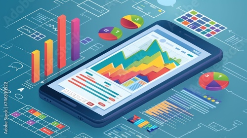 Wallpaper Mural Application of Smartphone with business graph and analytics data on isometric mobile phone. Analysis trends and software development coding process concept. Programming, testing cross platform code Torontodigital.ca
