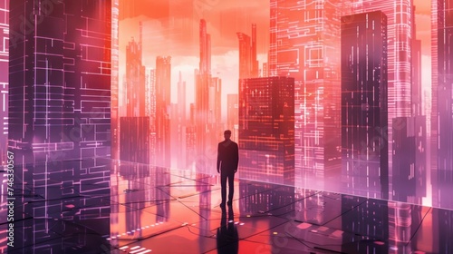 Business technology concept, Professional business man walking on future Pattaya city background and futuristic interface graphic at night, Cyberpunk color style