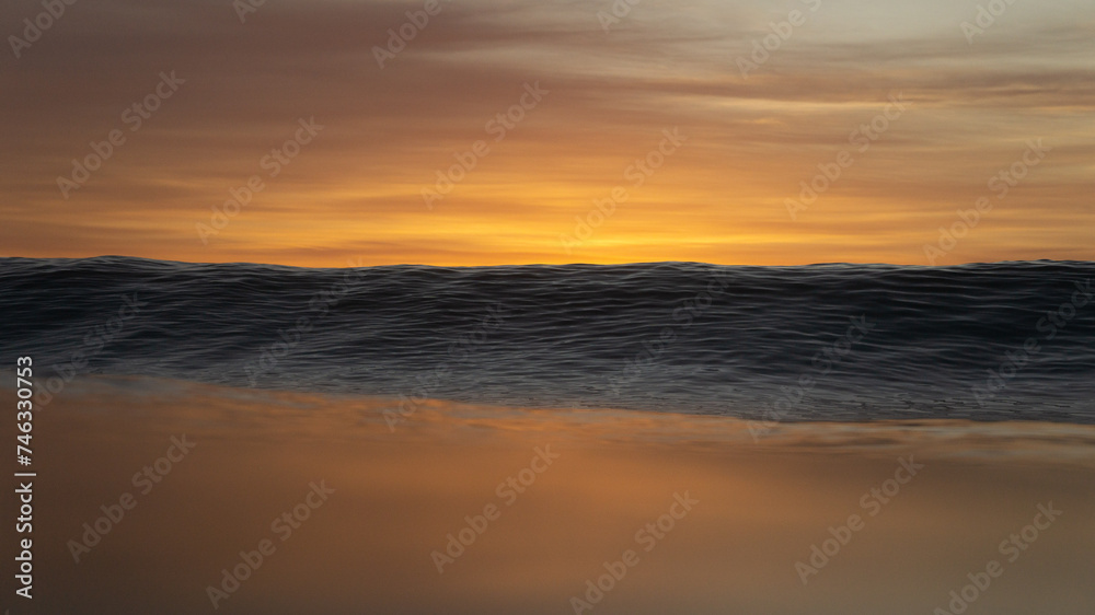 Sunrise in ocean with waves breaking