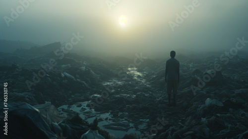 A lone individual stands before a vast landscape of waste under a hazy sky, invoking a somber reflection on pollution.
