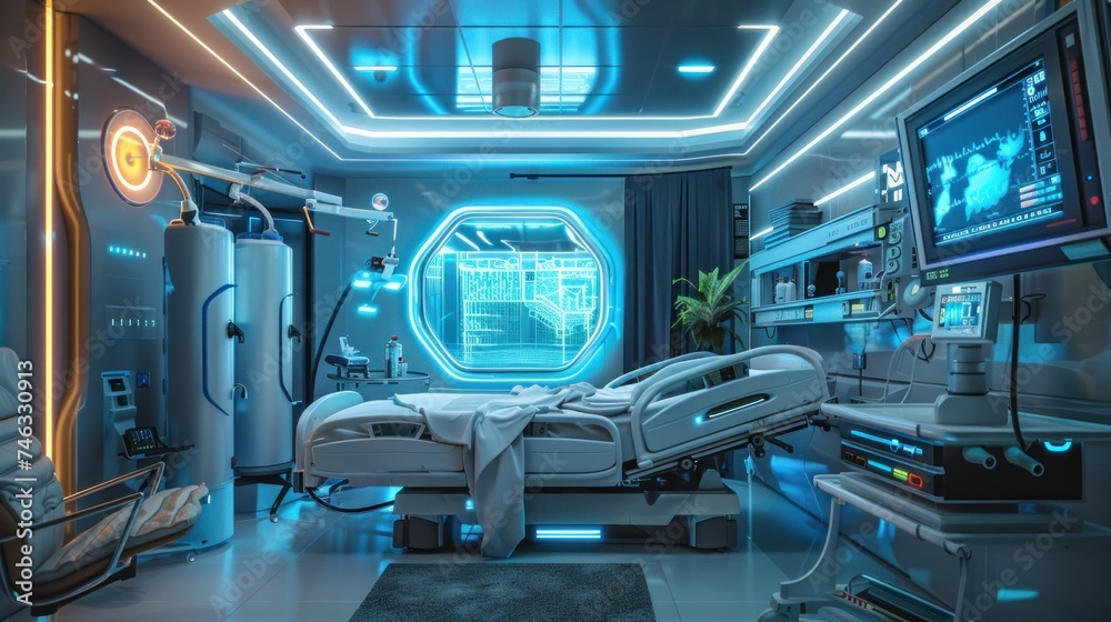 Obraz premium Futuristic hospital room with high tech AI technol