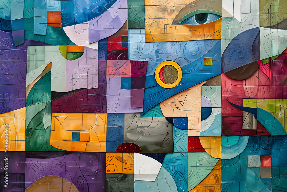 Fototapeta premium Abstract Cubist Portrait in Colorful Blocks. Generative AI Illustration