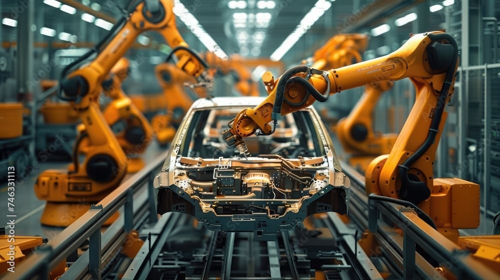Welding Industrial Production on Conveyor at Car Factory, Automated Robot Arm Assembly Line, Manufacturing High-Tech Electric Vehicles. Generative AI.