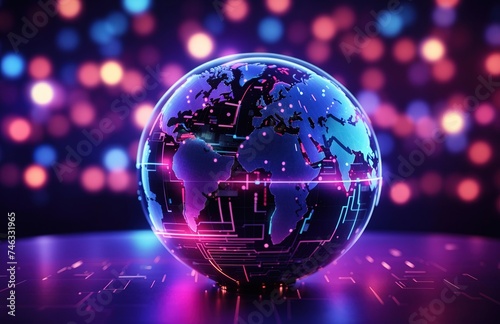 Neon globe surrounded by digital data streams and AI algorithms