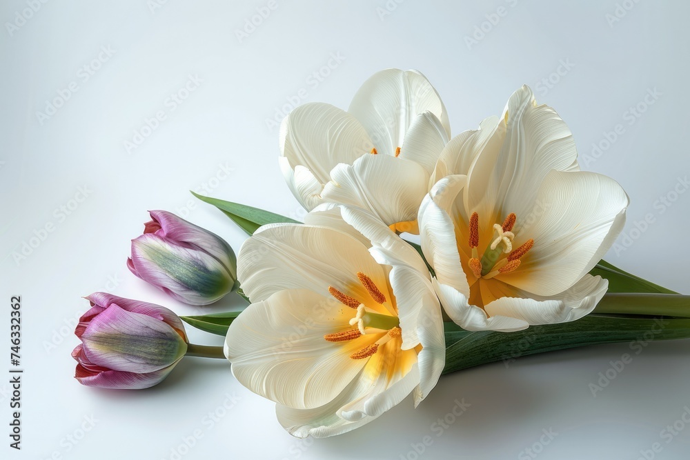 Fototapeta premium Beautiful flowers tulip on solid isolated white background. Generative AI.