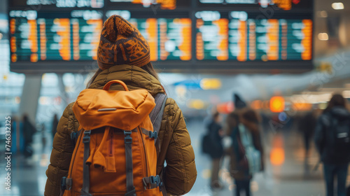A confused girl backpacker with his back turned looking at a flight information board in a crowded airport terminal. Generative AI.