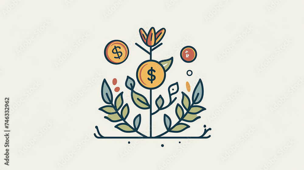 Fototapeta premium Illustrated Financial Planning: Coin and Dollar Sign Symbolizing Wealth Building and Growth