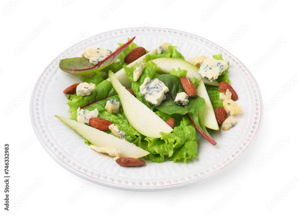 Plate with delicious pear salad isolated on white Plate with delicious pear salad isolated on white