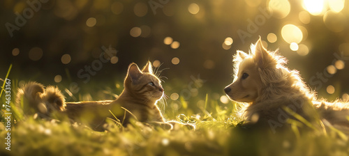 cute dog and cat laying together in a grass field