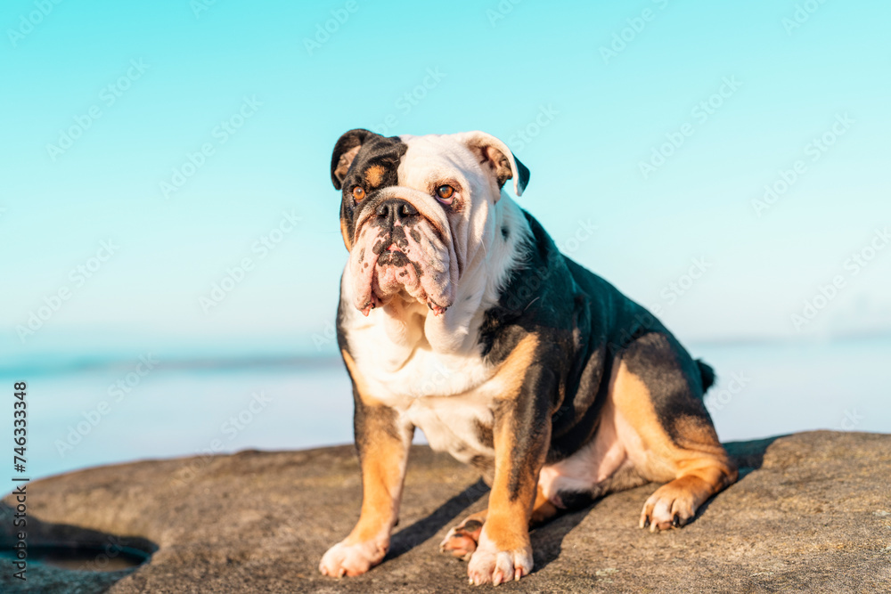 Black tri-color  English British Bulldog Dog out for a walk  in mountains against cloudy looking at  camera on sunny day