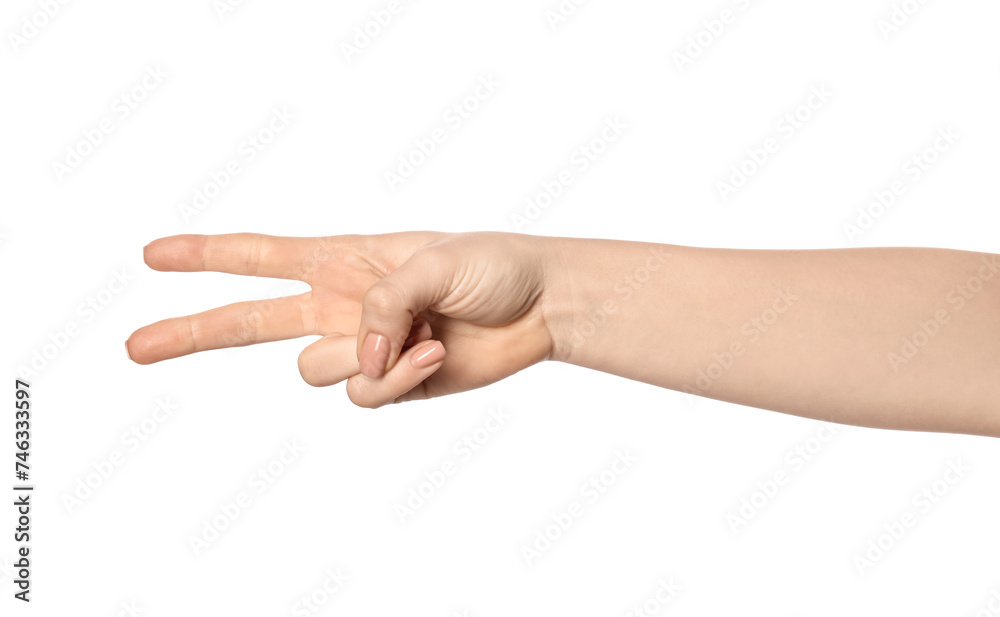 Playing rock, paper and scissors. Woman making scissors with her fingers on white background, closeup Playing rock, paper and scissors. Woman making scissors with her fingers on white background, closeup