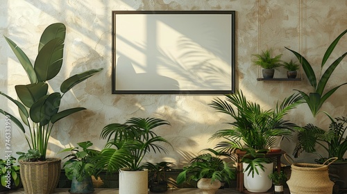 A poster empty horizontal frame is hung on the wall, the wall has white beige wallpaper. On the ground was a stand with various green plants. Generative AI.