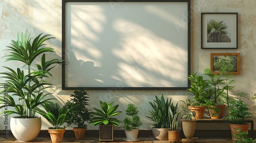 A poster empty horizontal frame is hung on the wall, the wall has white beige wallpaper. On the ground was a stand with various green plants. Generative AI. © visoot