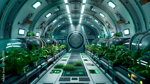 Interstellar colony ship interior with cryogenic chambers, hydroponic farms photo