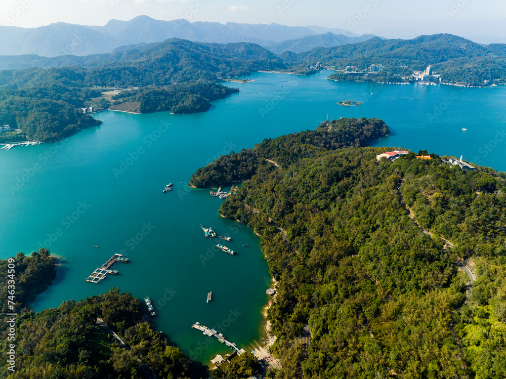 Obraz premium Aerial photography of the Sun Moon Lake National Scenic Area, Yuchi Township, Nantou County, Taiwan