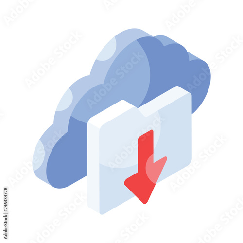 Cloud with file folder and down arrow, isometric icon of cloud download